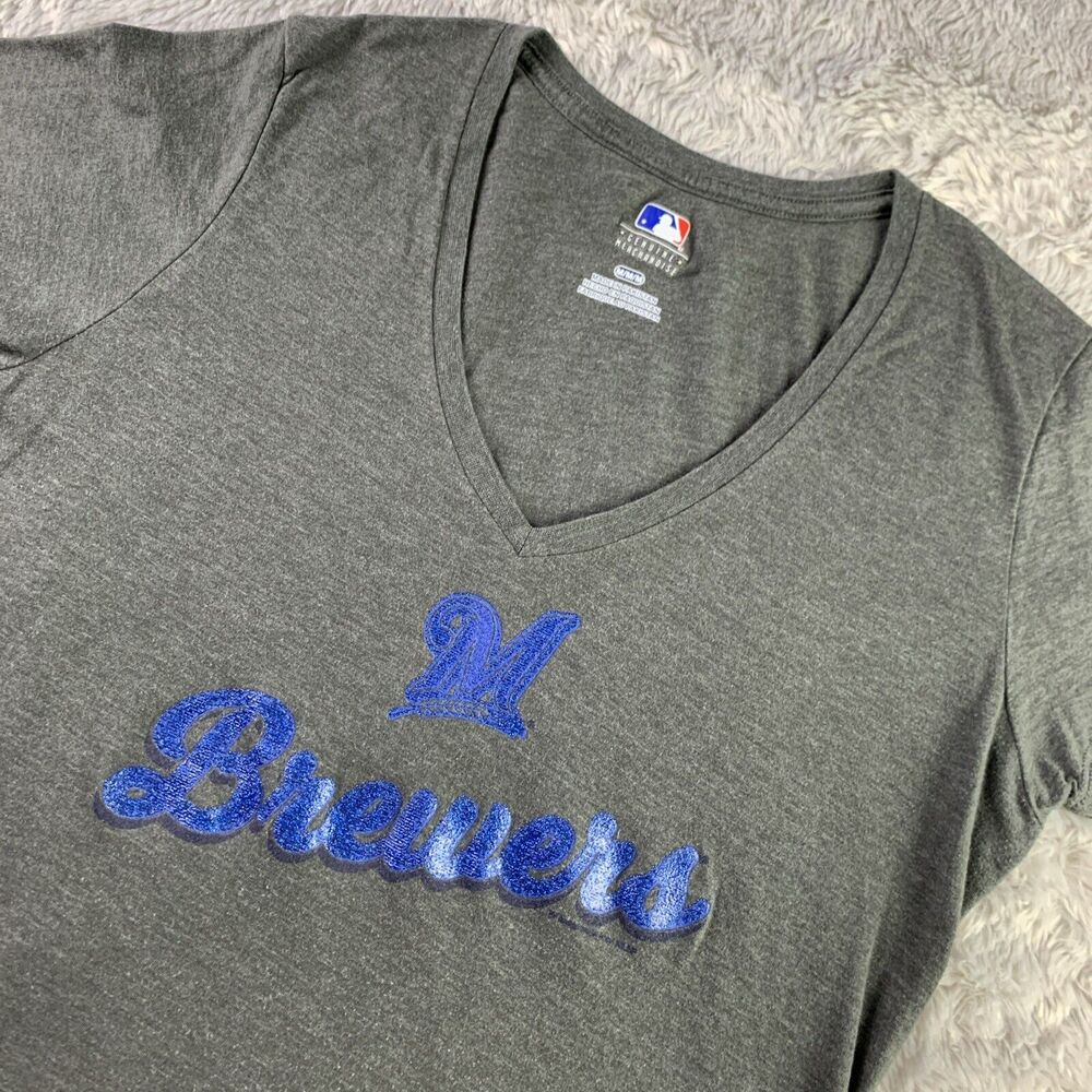 Milwaukee Brewers Shirt Womens Medium Gray Vneck Short Sleeve Soft MLB Baseball